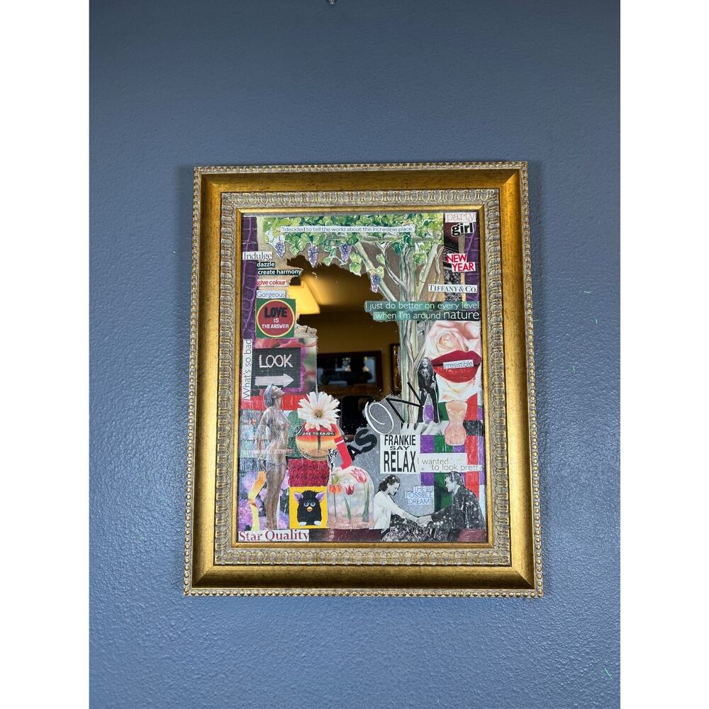 VINTAGE CUSTOM WOODEN FRAME mirror art handmade y2k glass home decor retro style